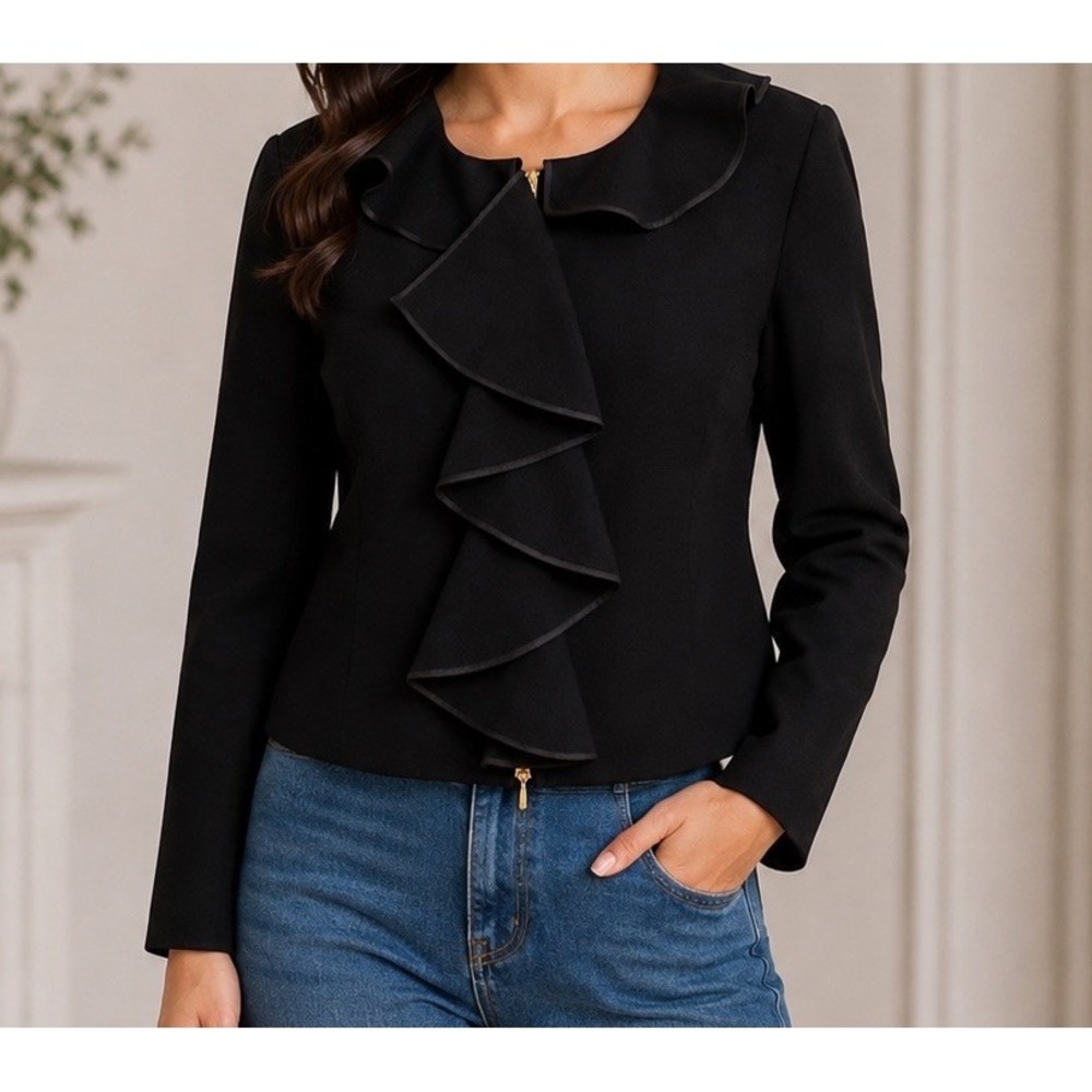 Vintage 90s Y2K Doncaster Collection Black 100% Wool Ruffle Zip Top Jacket 14P